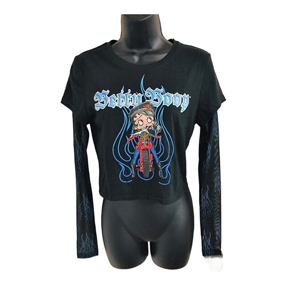 Betty‎ boop biker betty black sheer tatoo long sleeves t-shirt size medium new - Picture 1 of 12